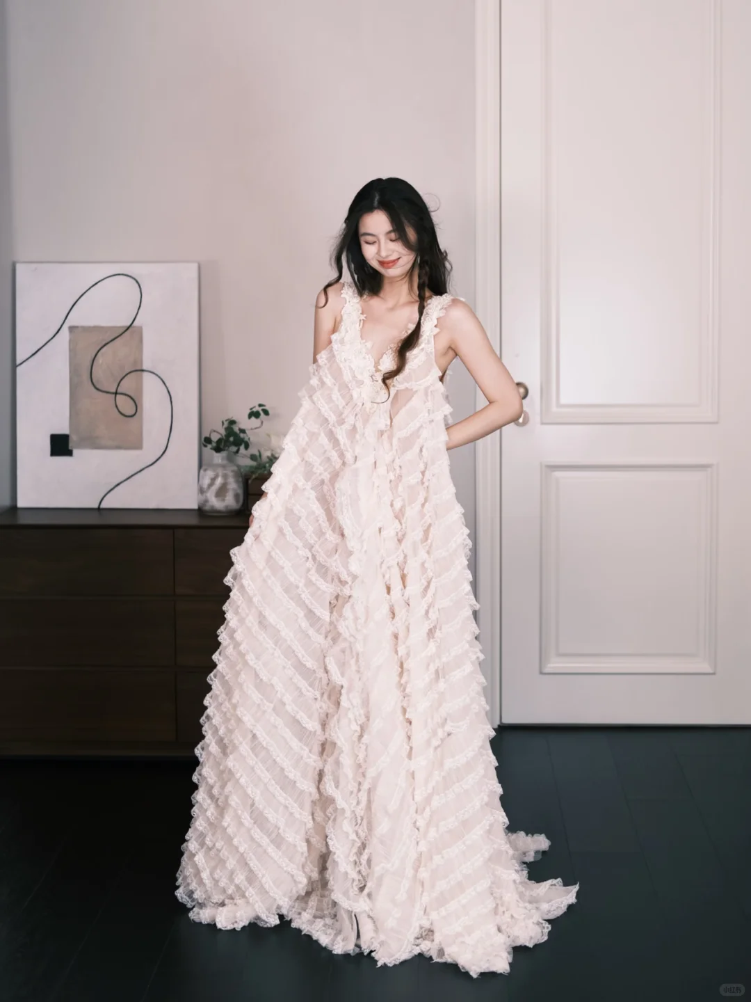 Champagne Lace Tiered Ruffle Tulle Wedding Dress  NV7319