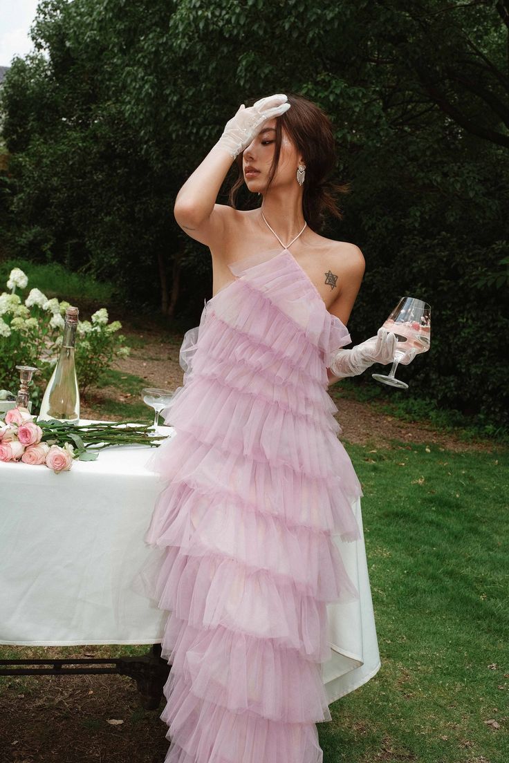 Pink sweet backless long tulle ball gown evening dress nv1353