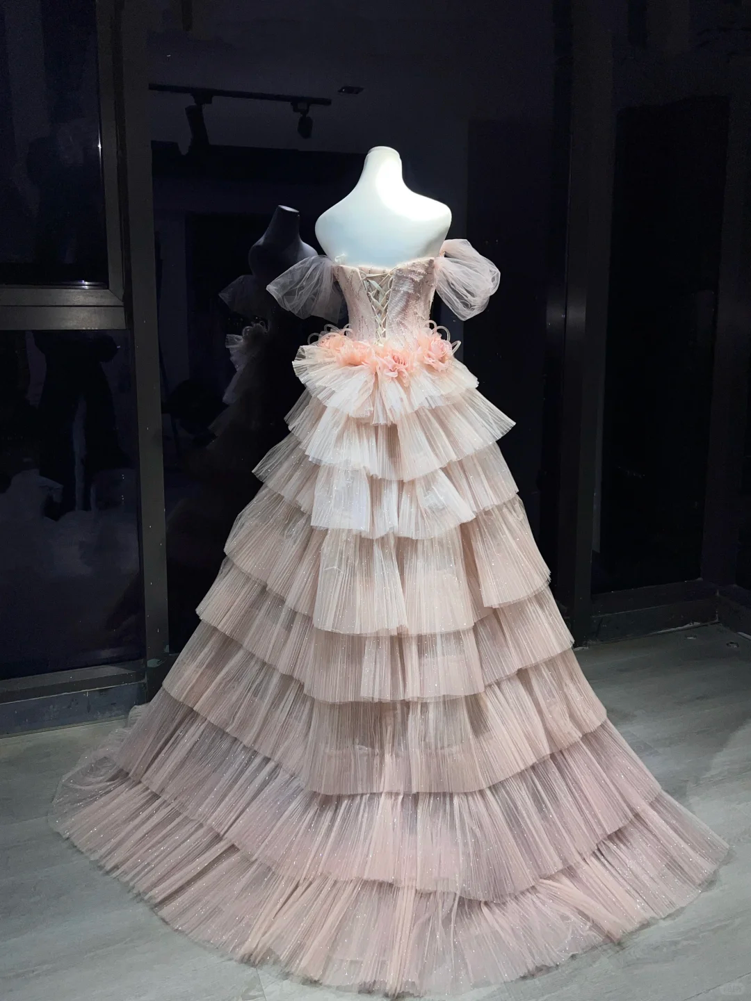 Blush Ombre Sequin Tulle Long Evening Gown Off The Shoulder Tiered Ruffle Ball Gown Prom Dress  NV7074