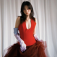 Red Halter Deep V Tulle Evening Gown with Brown Layered Overskirt  NV7193
