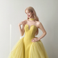 Bright Yellow Strapless Notch V Prom Gown Satin Choker Neck Layered Tulle A Line Evening Dress  NV7156