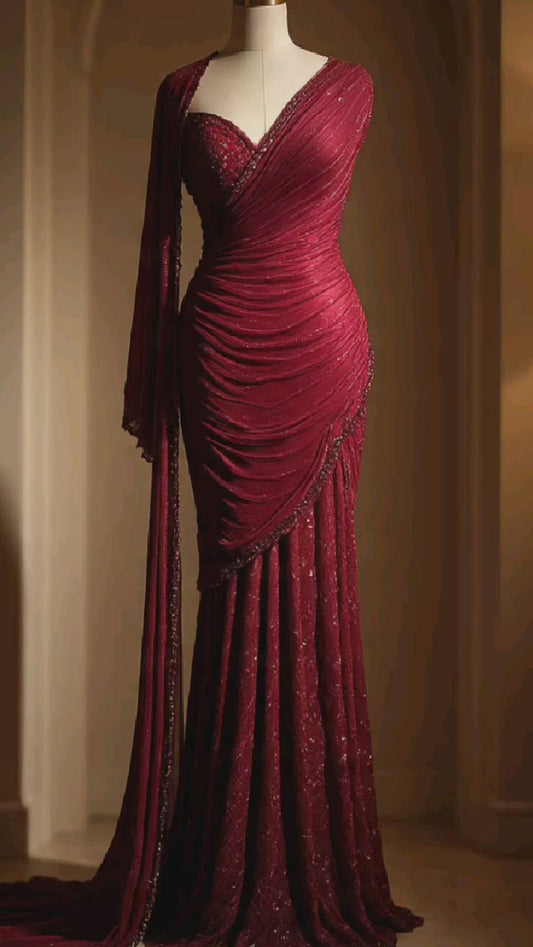 Robe sirène en mousseline à sequins bordeaux NiceVestidos, asymétrique, manches longues, traîne au sol, NV6162
