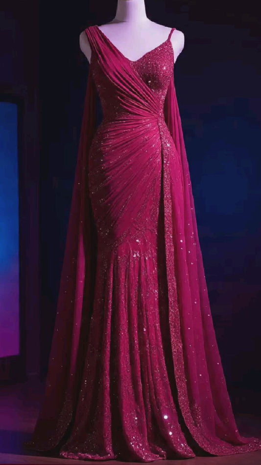 Robe sirène longue sans manches à sequins fuchsia en mousseline de soie, asymétrique, NV6163