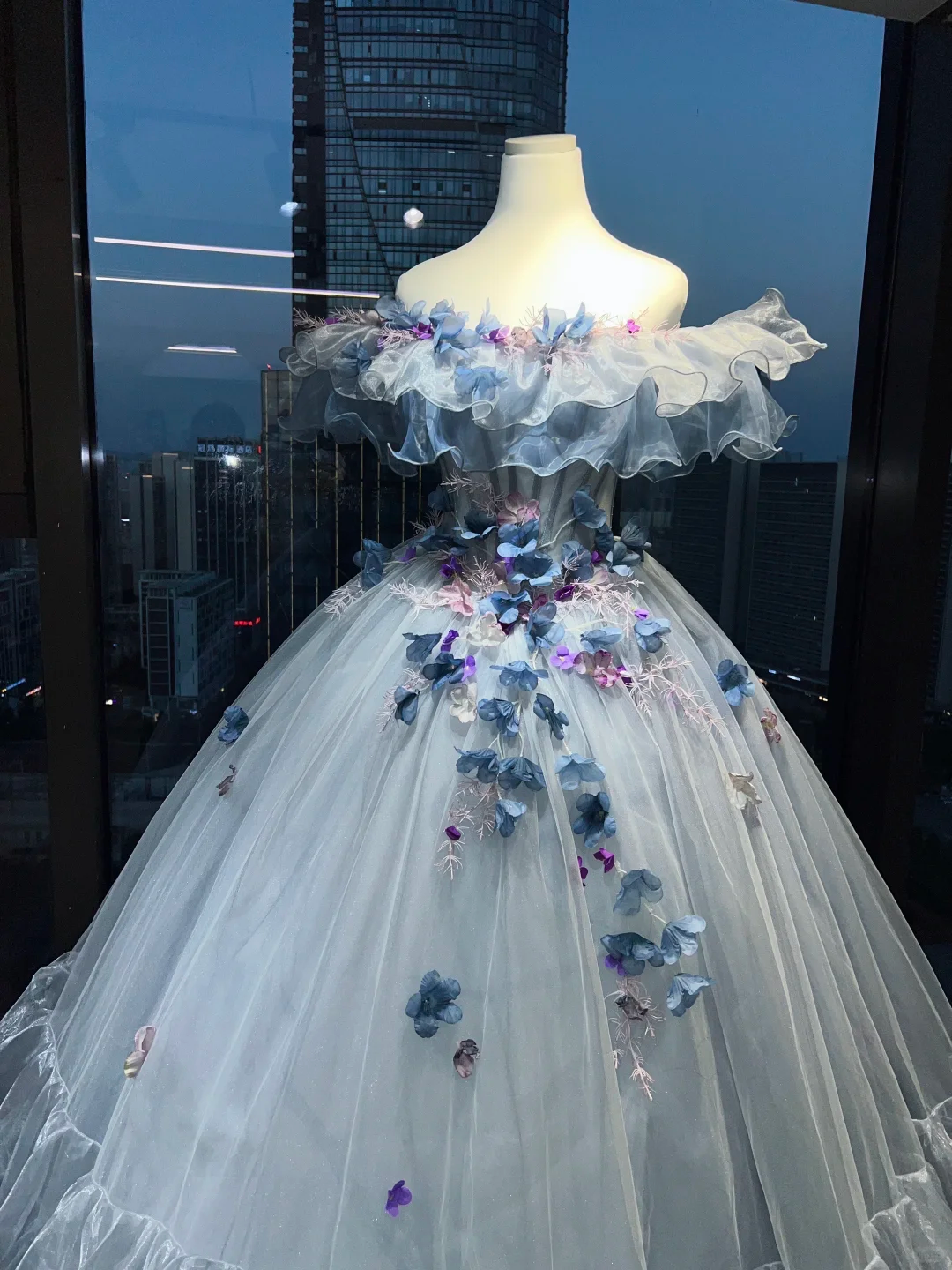 Light Gray Blue Off Shoulder Princess Ball Gown Corset 3D Gradient Floral Tiered Organza Ruffle Long Evening Gown  NV7003