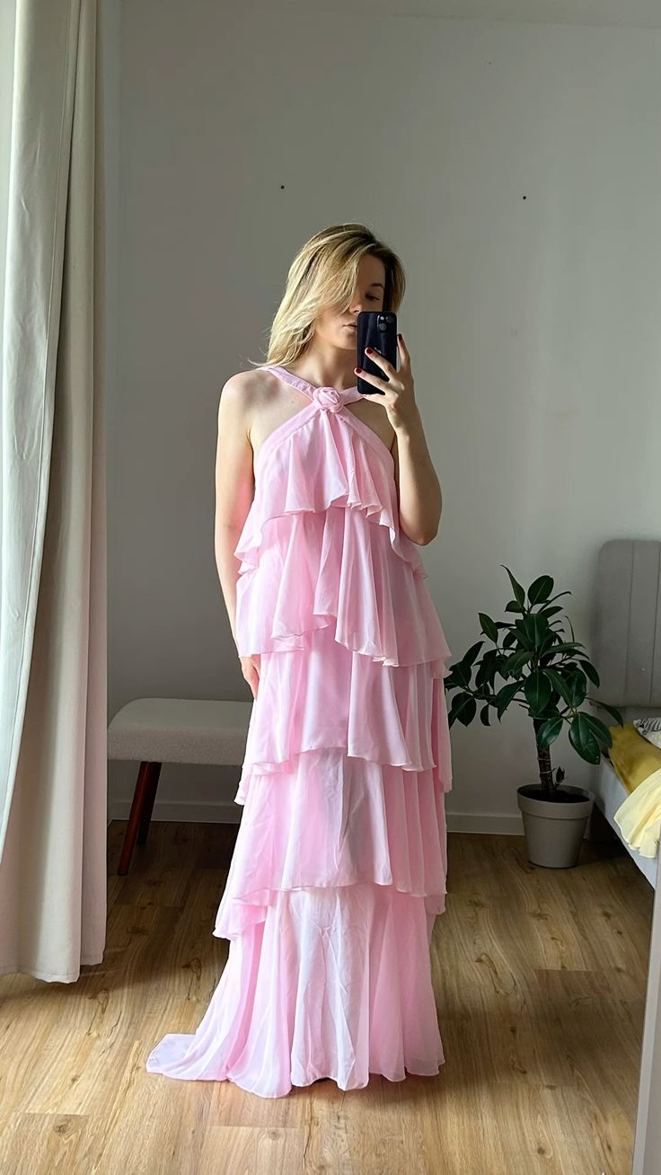 Pink Fashion Sweet Cute Long Tiered Ruffle Chiffon Floor Length Ball Gown Evening Dress Party Dress Prom Dress 22nd Birthday Suit nv3904