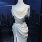 White Satin Cowl Neck Mermaid Evening Gown Pearl Chain Tassel Draped Ruched High Slit Prom Dress  NV7004
