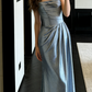 Robe longue sirène bleu argenté à col bénitier et dos nu - Corset noué NV6822
