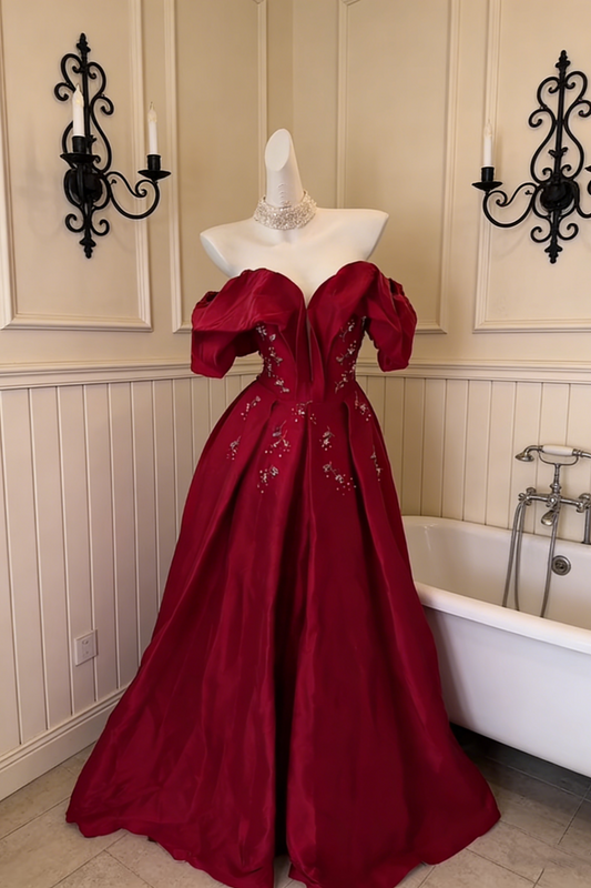 Robe de bal rétro bordeaux - Robe longue de soirée à épaules dénudées, manches bouffantes, perles et traîne florale NV6825