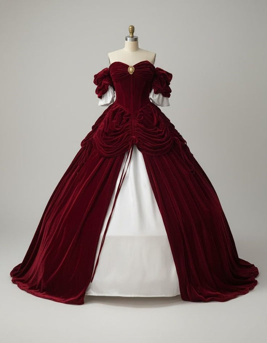 Robe de cour vintage NiceVestidos - Velours bordeaux - Panneaux blancs - Épaules dénudées - Manches mi-longues - Longueur au sol NV6191