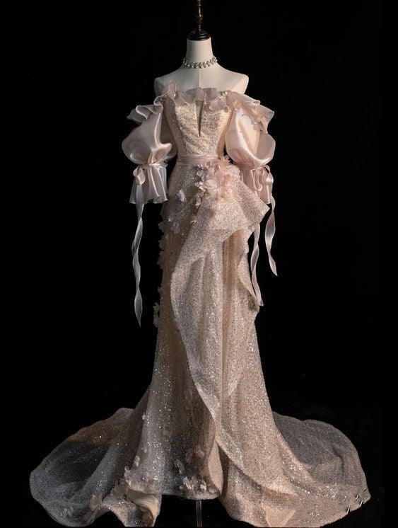 Pink Fashion Elegant Delicate Lace Floral Long Sequined Tulle Fishtail Skirt Floor Length Evening Dress Ball Gown Party Dress Prom Dress nv3761