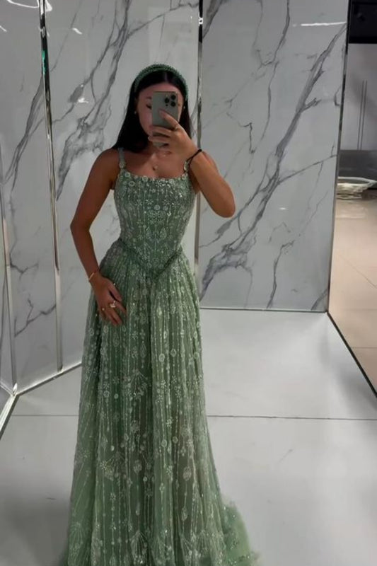 NiceVestidos--Green exquisite floral beaded sequined sparkling long prom dress ball gown NV5840