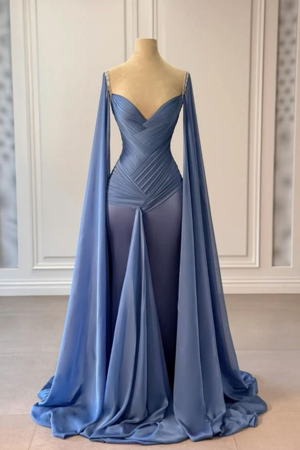 NiceVestidos-_ Long-Sleeved Blue Satin Floor-Length Evening Gown NV5952