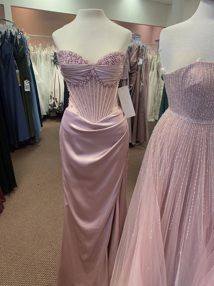 Pink Gorgeous Shiny Exquisite Beaded Long satin Slit Elegant Sexy Ball Gown Evening Dress Party Dress nv4146