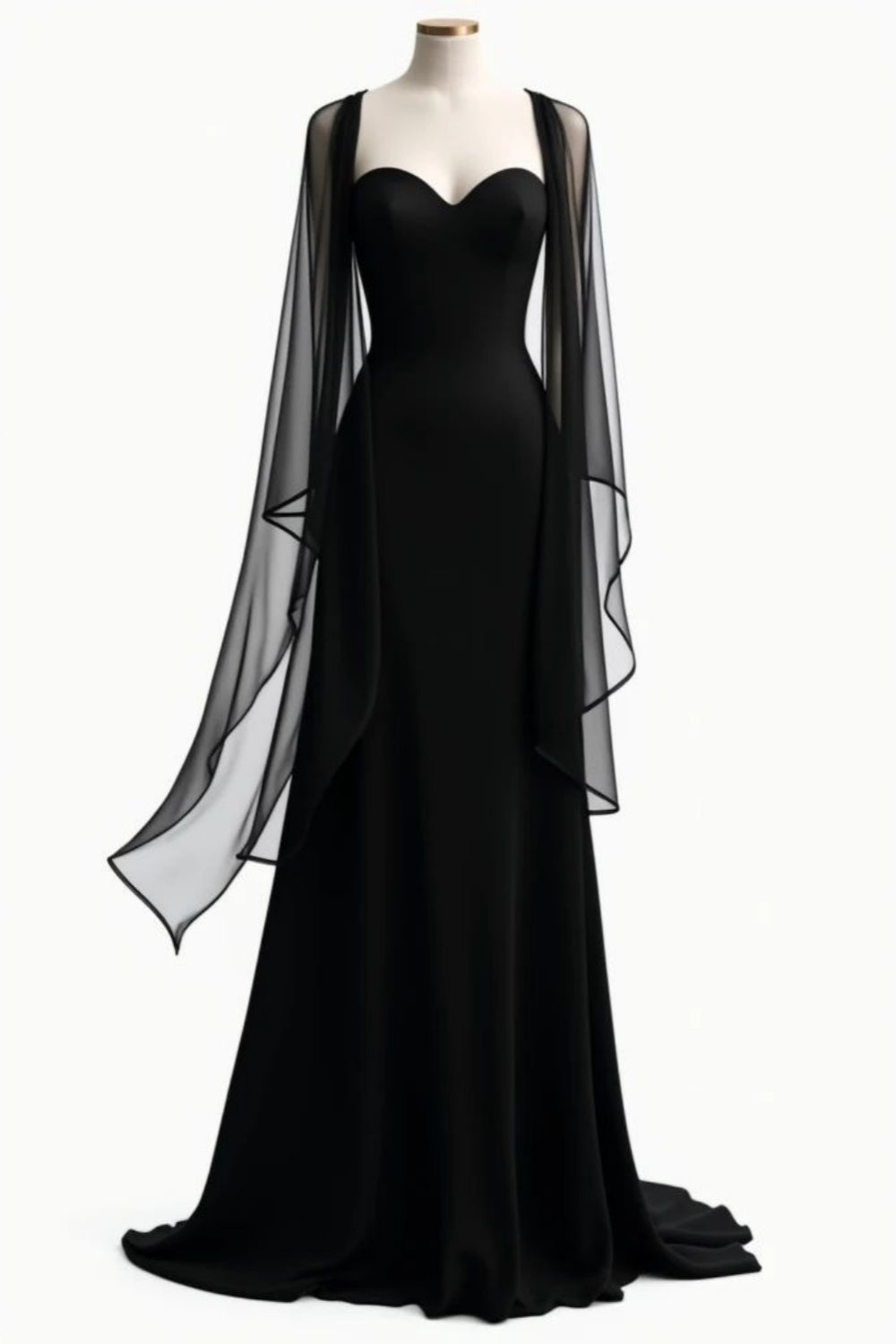 NiceVestidos-_Black long-sleeved chiffon dress with a sweetheart neckline NV6013