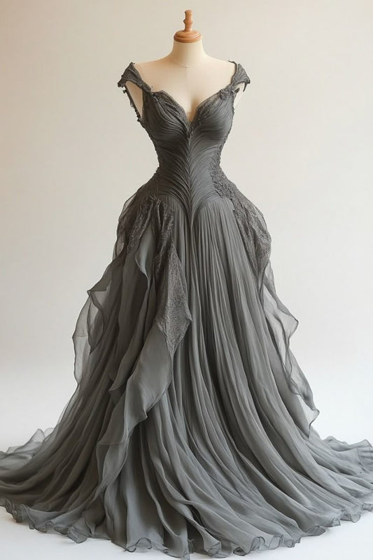 Grey Floral Elegant Long Fairy Tulle Ball Gown nv4840