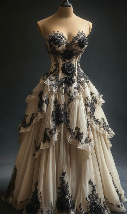 Robe de cour gothique longue sans bretelles en tulle contrasté crème-noir ornée de fleurs 3D (NV6211)