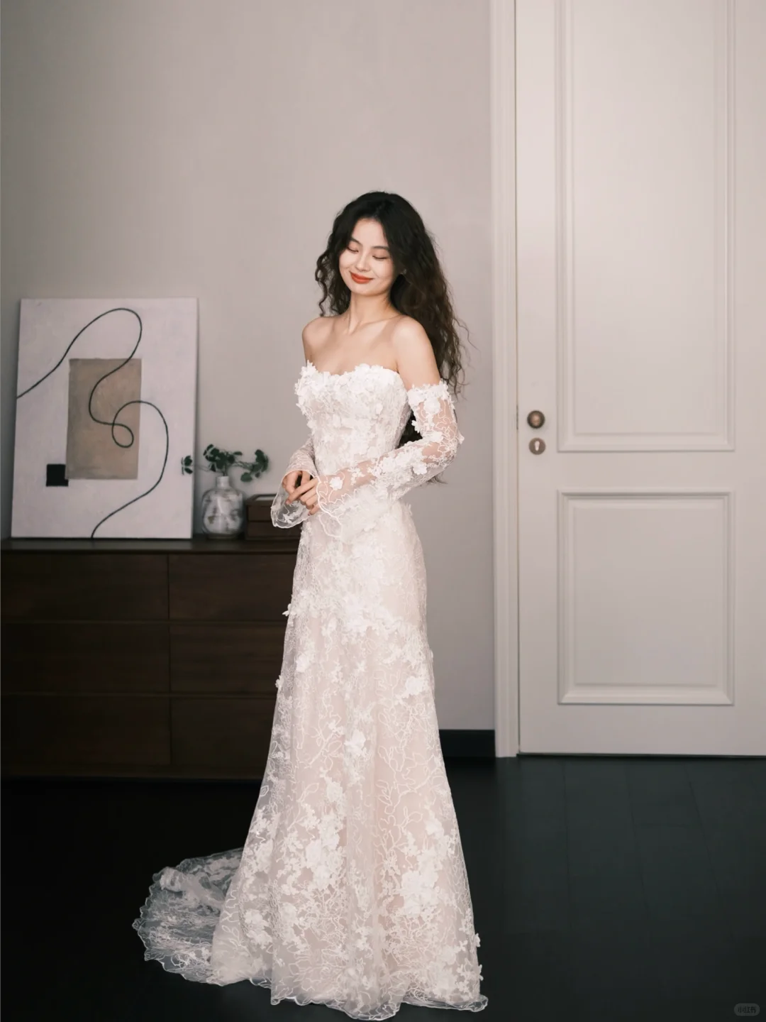 Strapless Mermaid Lace Wedding Dress with Detachable Sheer Long Sleeves  NV7383