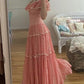 Pink Cute Off Shoulder A-Line Long Elegant Chiffon Ruffle Ball Gown Evening Dress Fashion Holiday Party Dress nv3582