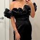 Black tight off the shoulder ruffle short mini satin homecoming dress prom dress birthday party dress nv1730