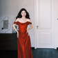 Off Shoulder Red Glitter Prom Dress, Draped Evening Gown  NV7342