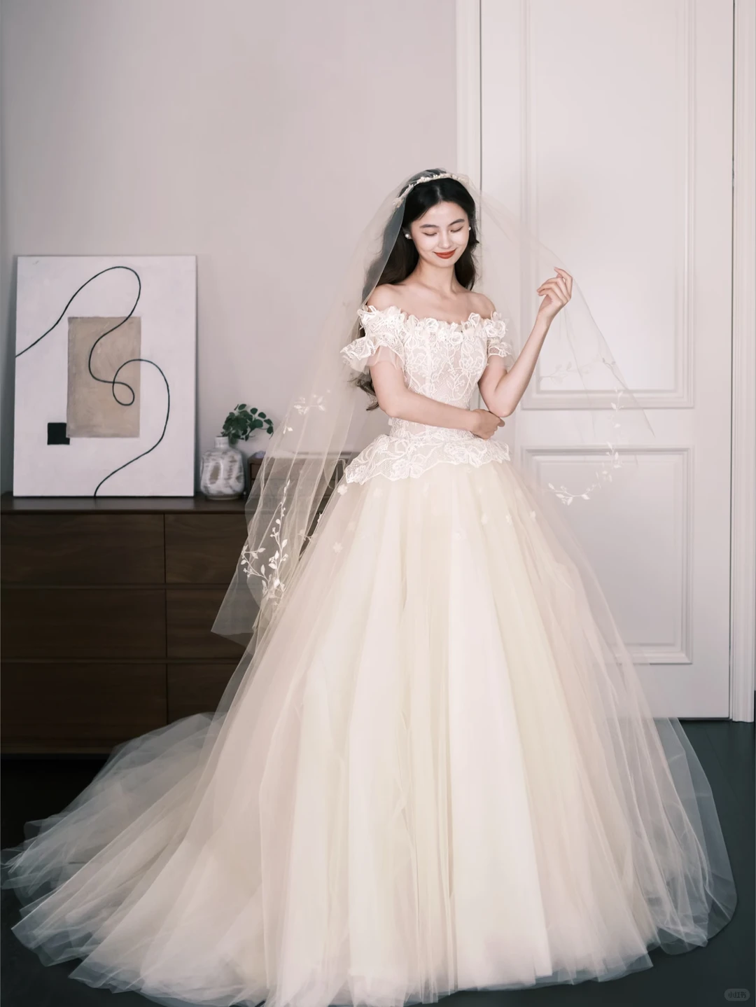 Off Shoulder Lace Tulle Ballgown Wedding Dress, Ivory Puff Sleeve Bridal Gown  NV7286