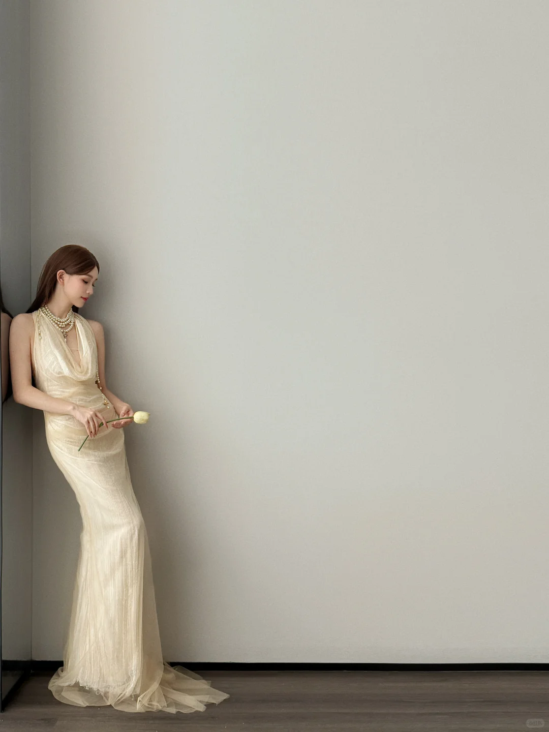 Halter Cowl Neck Mermaid Evening Dress Light Champagne Tulle Gown  NV7121