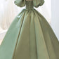 Green Sweet Elegant A-line Long Satin Short Sleeves Prom Dress Evening Dress Birthday Dress Graduation Dress nv74