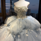 Strapless Dusty Blue Fairy Ball Gown 3D Floral Beaded Cloud Tulle Long Prom Dress  NV7024