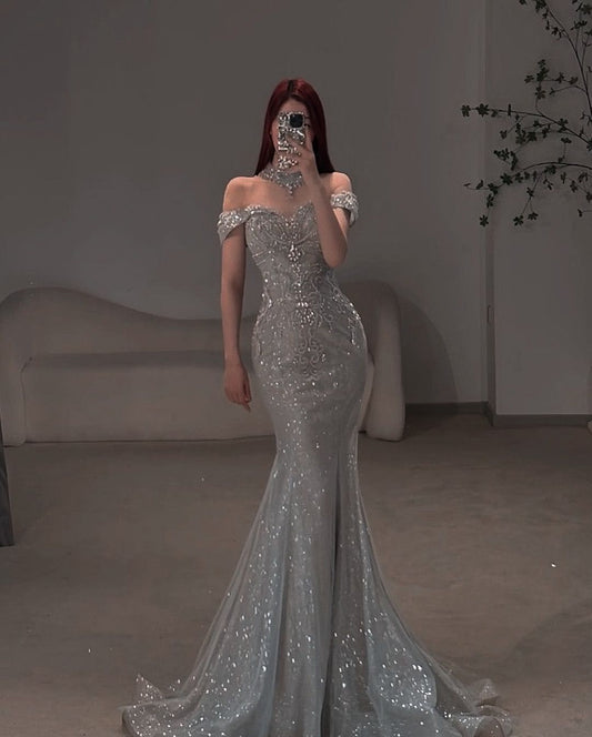 Robe de bal longue sirène à sequins argentée, glamour et scintillante, très tendance (NV6116)
