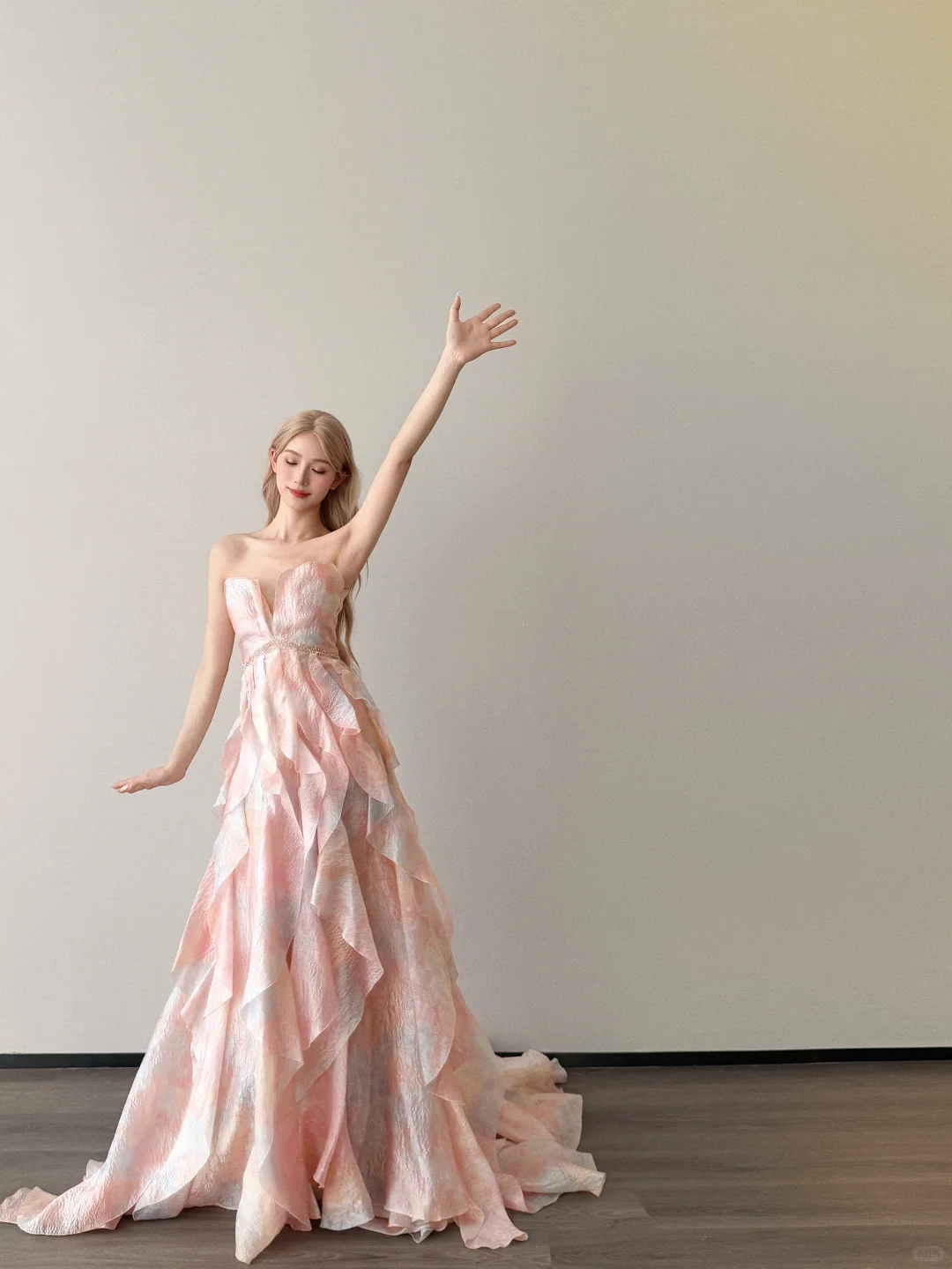 Strapless Watercolor Pink Prom Gown Beaded Waist Tiered Ruffle Shimmer Organza Evening Dress  NV7151