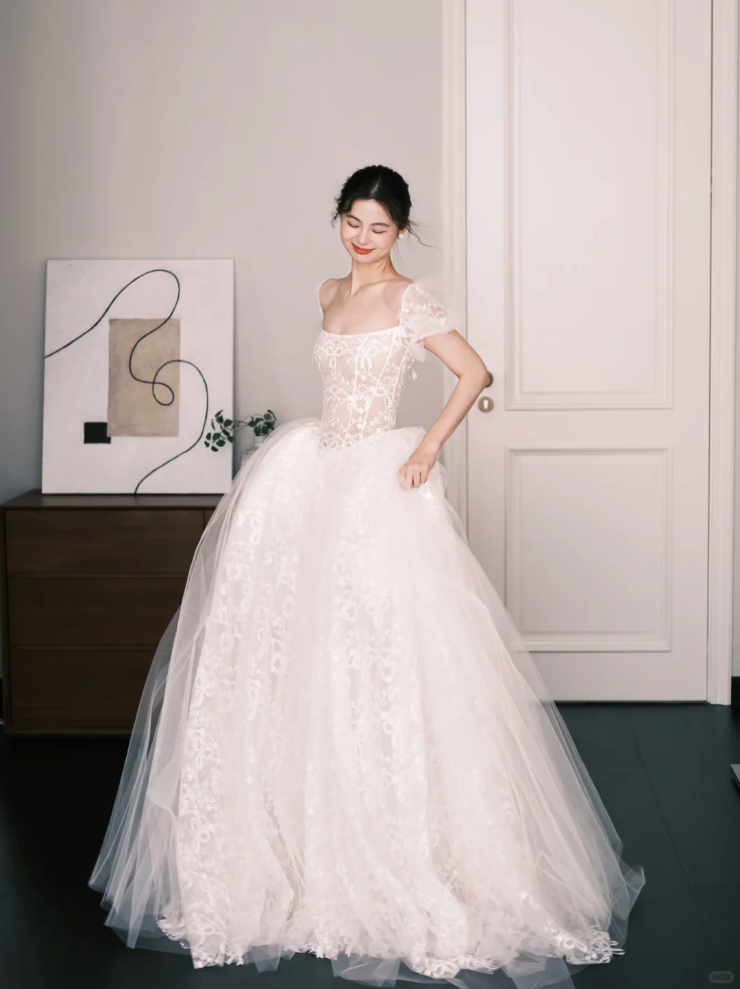 Puff Sleeve Lace Ballgown Wedding Dress Square Neck Bridal Gown  NV7267