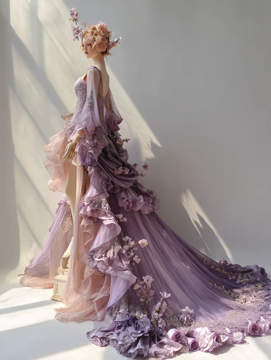 Ombre Lavender Blush Fairy Tulle Gown with Open Back and 3D Floral Appliqué  NV7504