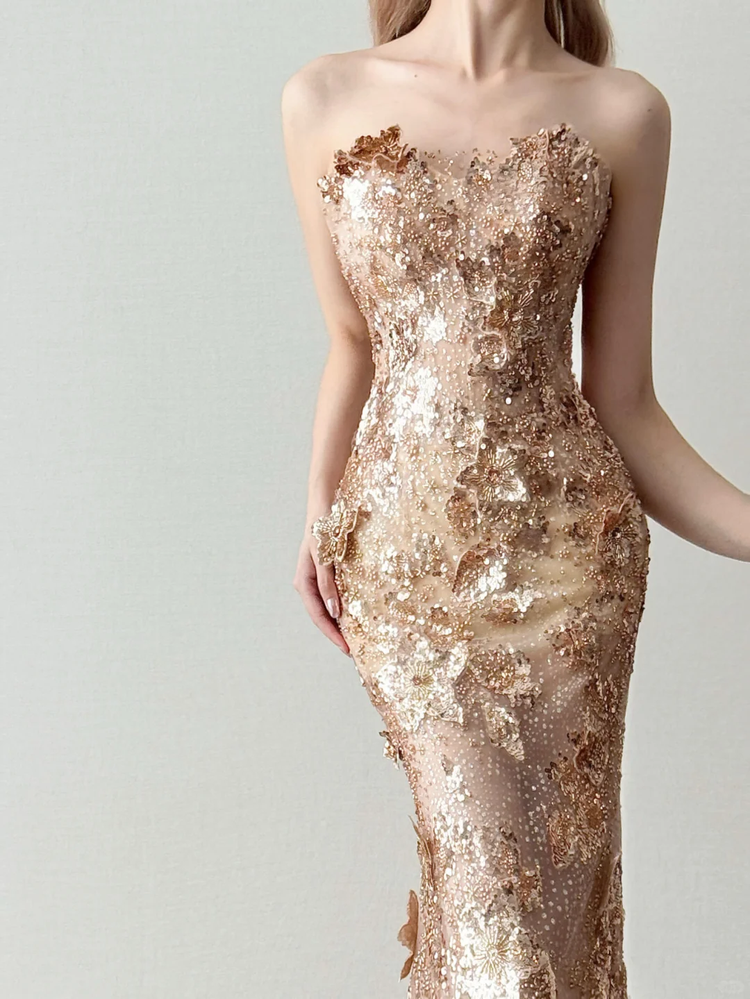 Strapless Champagne Gold Mermaid Prom Dress 3D Floral Sequin Gown  NV7120