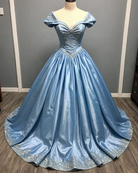 Robe de bal longue à sequins bleu clair, épaules dénudées : encolure en forme de cœur, taille cintrée, style féerique NV6430