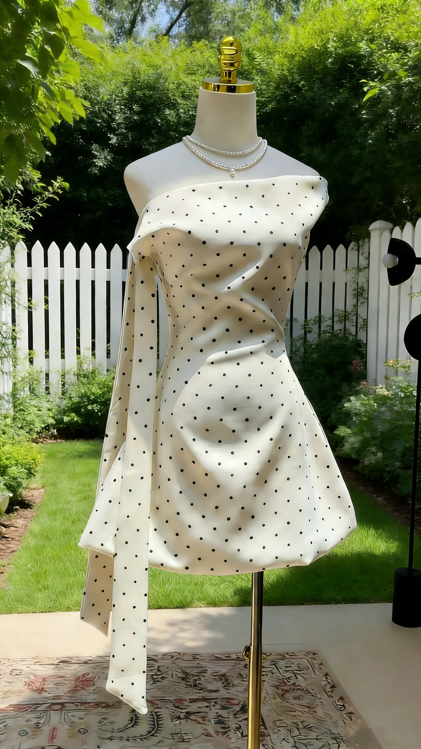 Robe asymétrique blanche et noire à pois - Robe cintrée de soirée/rendez-vous/mini-robe légère NV6808