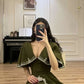 Olive Vintage Embroidery V Neck Long Dress Cape Short Sleeves Ball Gown Evening Dress nv1808