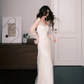 Strapless Satin Minimalist Wedding Dress, Ivory Bridal Gown with Tulle Sleeves  NV7281