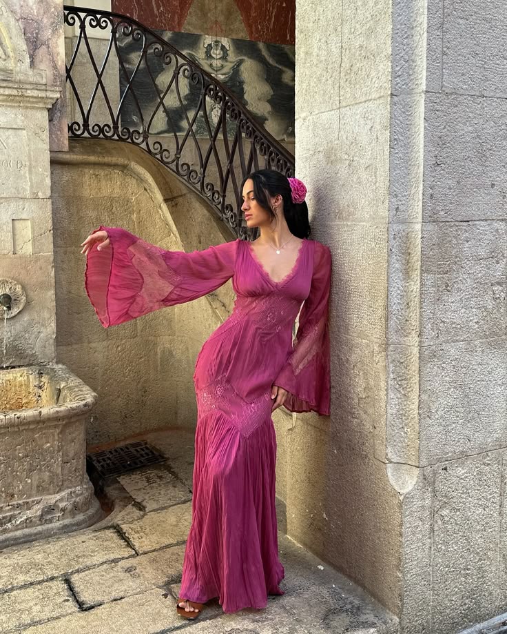 Pink Purple Lazy Retro Elegant Fashion V-neck Exquisite Lace Ruffle Long Sleeve Long Chiffon Floor-length Ball Gown Evening Gown Holiday Party Gown Bridesmaid Dress nv3823