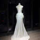 White Halter Satin Mermaid Evening Dress, Heavy Rhinestone Beaded Bodice with 3D Petal Waist  NV7088