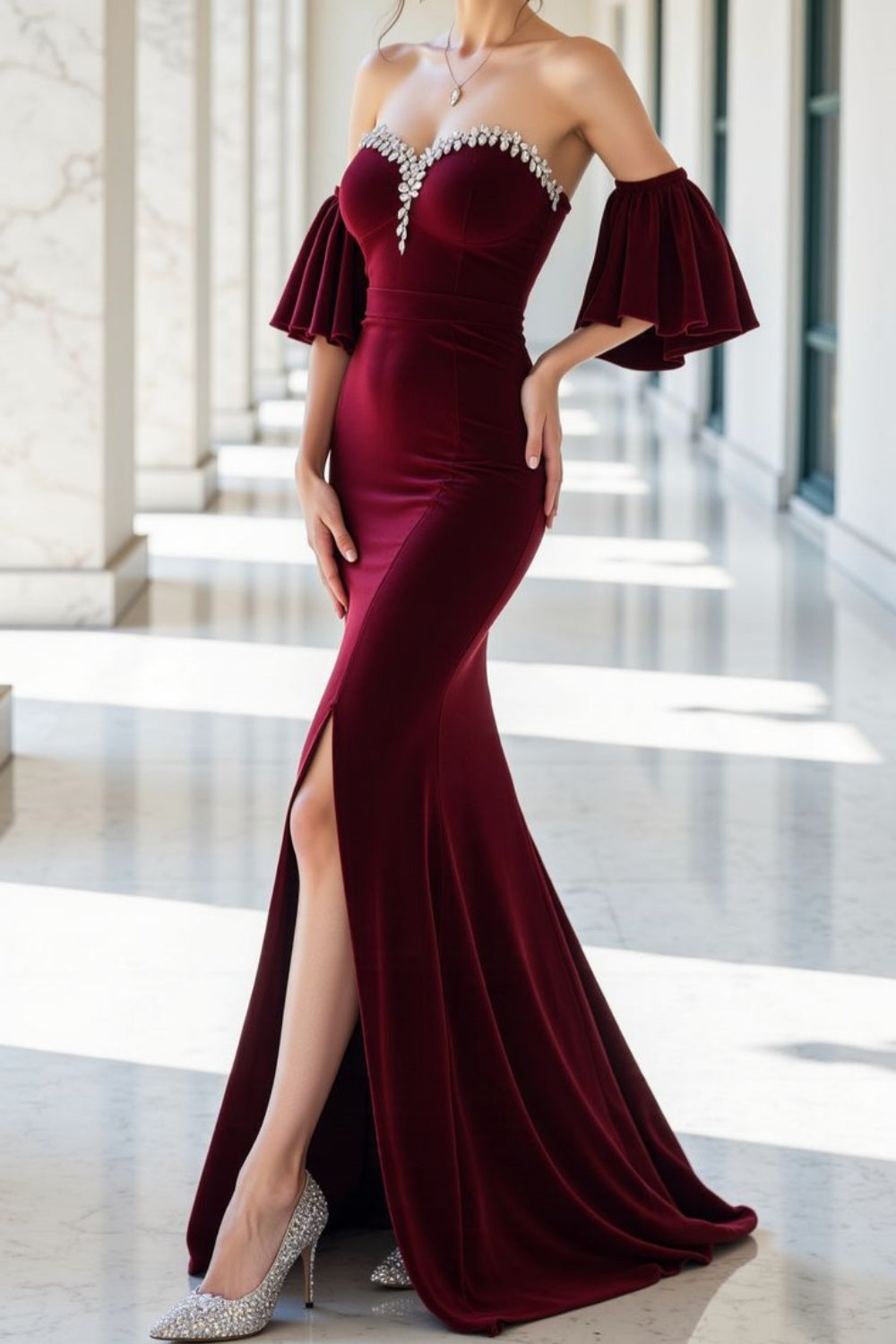 NiceVestidos-_Burgundy velvet long dress NV6010