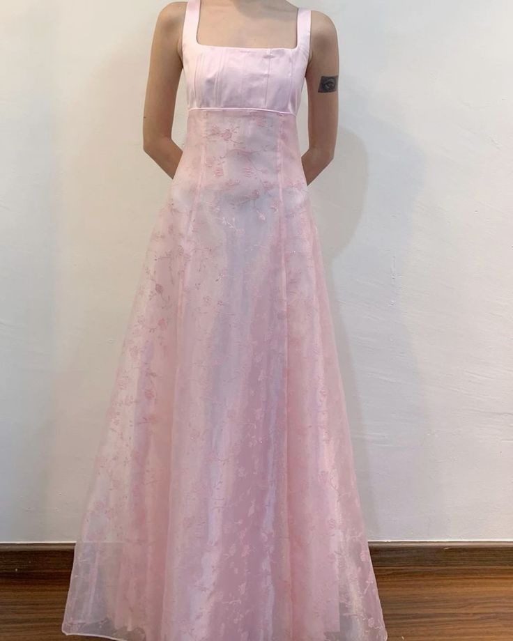 NiceVestidos--Pink Vintage Floral Long Tulle Prom Dress Satin Gown NV5863
