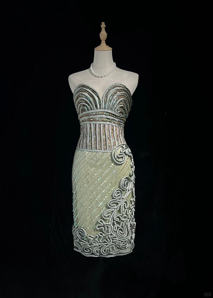 Strapless Mint Green 1920s Gatsby Homecoming Dress Heavy Hand Beading Sequin Embroidery Sheath Mini Formal Gown  NV6892