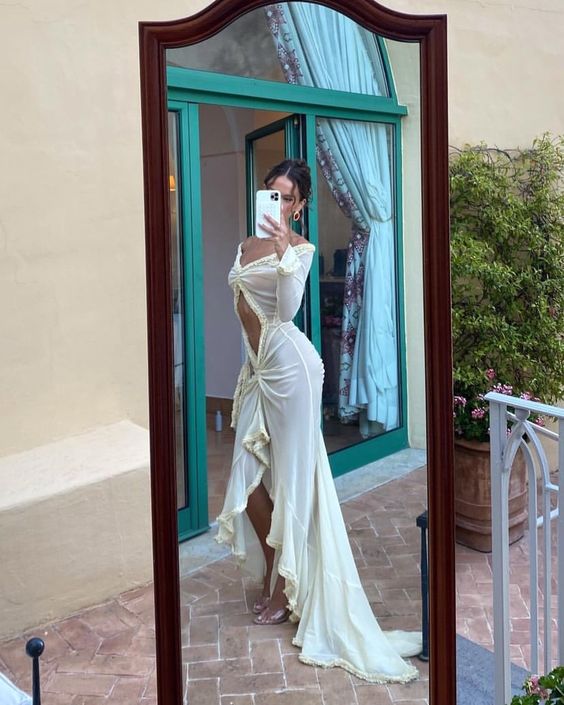 Light Color Retro Sexy Transparent Elegant Tassel Mermaid Fishtail Hollow V-neck Slit Long Sleeve Ruffle Lace Ruffle Bodycon Long Beach Party Dress Prom Dress Evening Dress nv2560