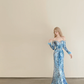 Ice Blue Sequin Off Shoulder Mermaid Prom Gown Long Sleeve Feather Formal Dress  NV7170