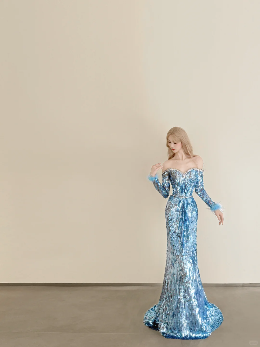 Ice Blue Sequin Off Shoulder Mermaid Prom Gown Long Sleeve Feather Formal Dress  NV7170