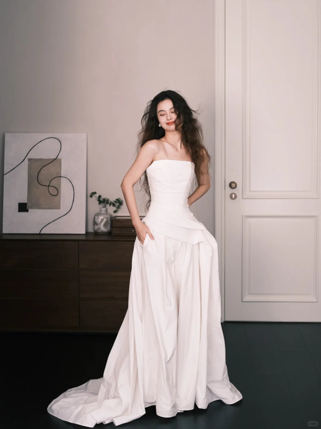Strapless Ruched White Bridal Jumpsuit with Pockets & Train  NV7365