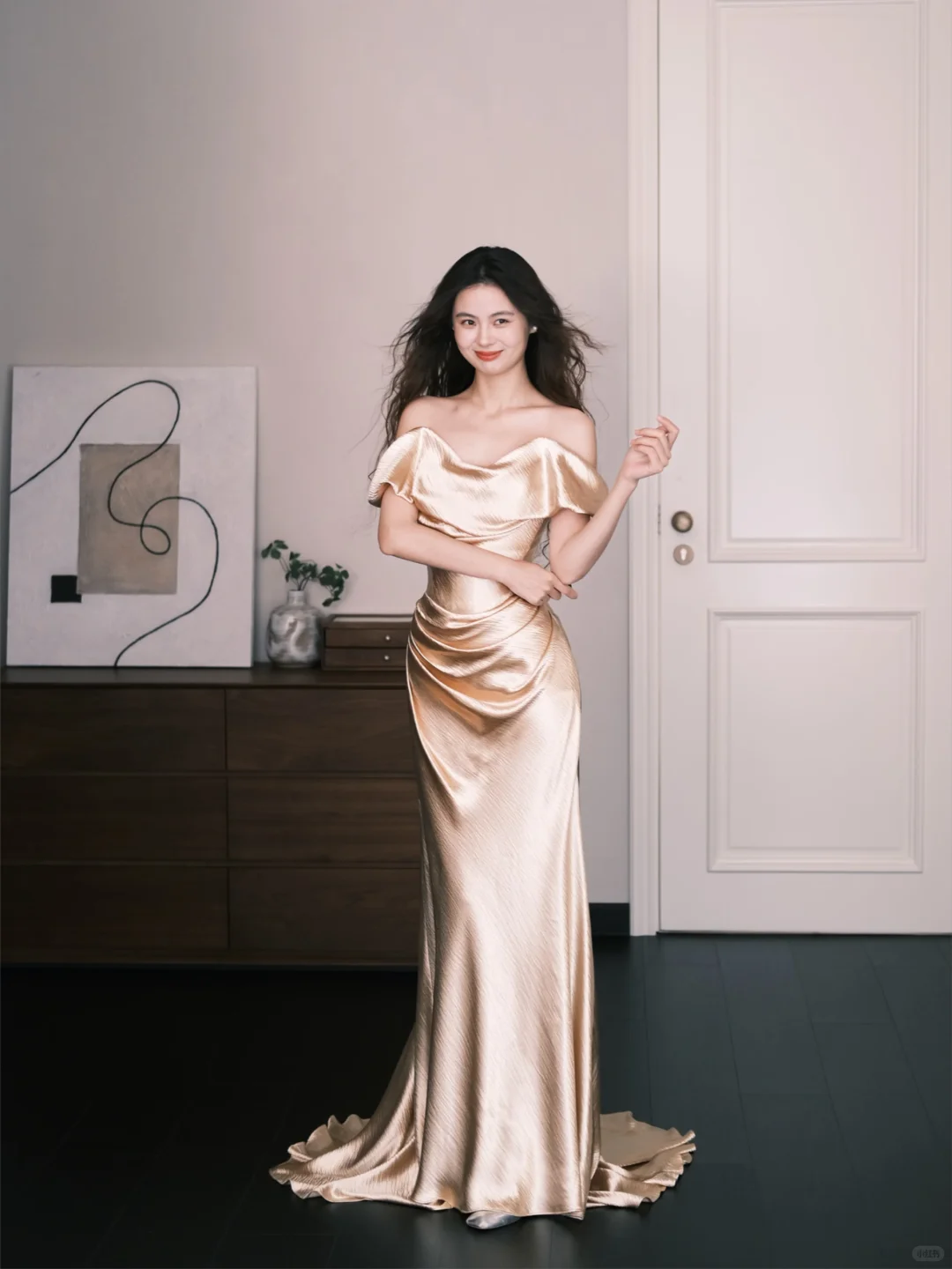 Off Shoulder Draped Satin Mermaid Evening Dress, Champagne Gold Formal Gown  NV7357