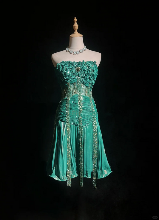 Strapless Peacock Green 1920s Gatsby Midi Prom Dress 3D Floral Appliques Sheer Boned Bodice Pleated Skirt Rhinestone Formal Gown  NV6896