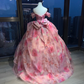 Pink Floral Print Off Shoulder Princess Evening Gown 3D Flowers Lace Boned Voluminous Ruffled Organza Skirt Long Prom Dress  NV7022
