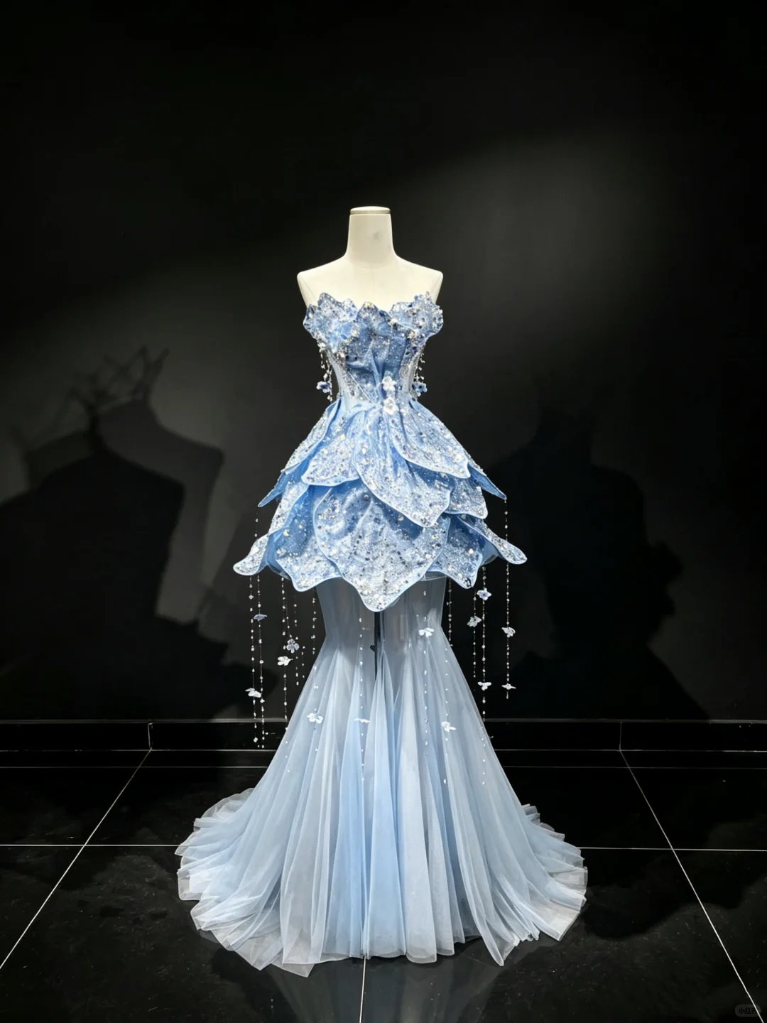 Light Blue Strapless 3D Petal Mermaid Evening Gown Sequin Rhinestone Beaded Tassel 2-in-1 Tulle Long Train Prom Dress  NV6998